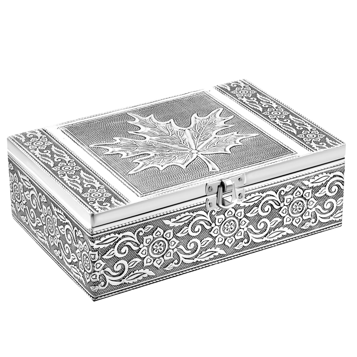  Set Of 2 Silver & Beige Nesting Storage Maple Embossed Aluminium Oxidized & Bling Box image number 2