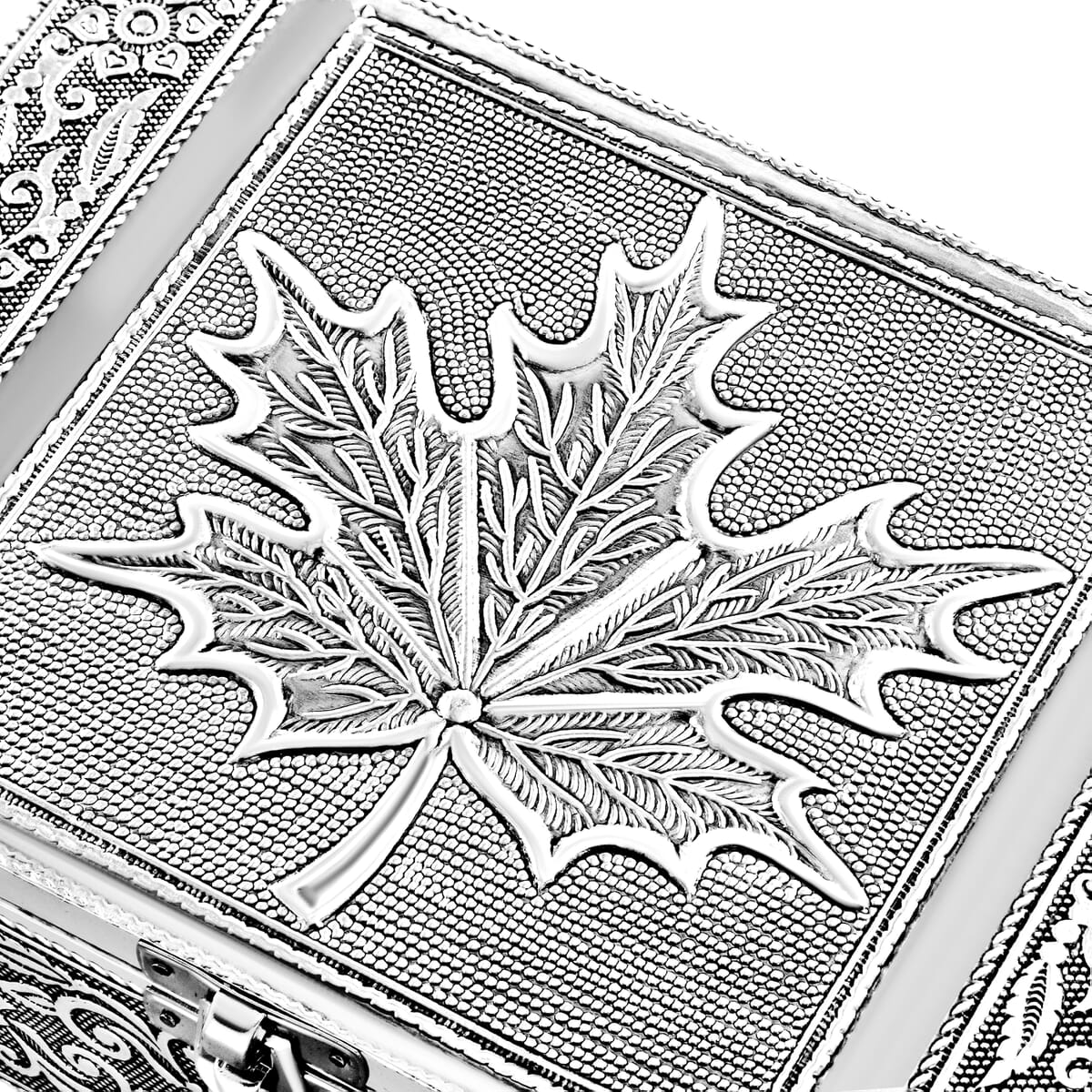  Set Of 2 Silver & Beige Nesting Storage Maple Embossed Aluminium Oxidized & Bling Box image number 3