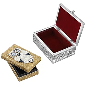 Set Of 2 Silver & Multi Nesting Storage Owl Embossed Aluminium Oxidized & Bling Box