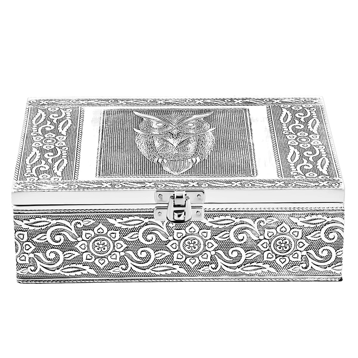 Set Of 2 Silver & Multi Nesting Storage Owl Embossed Aluminium Oxidized & Bling Box image number 1