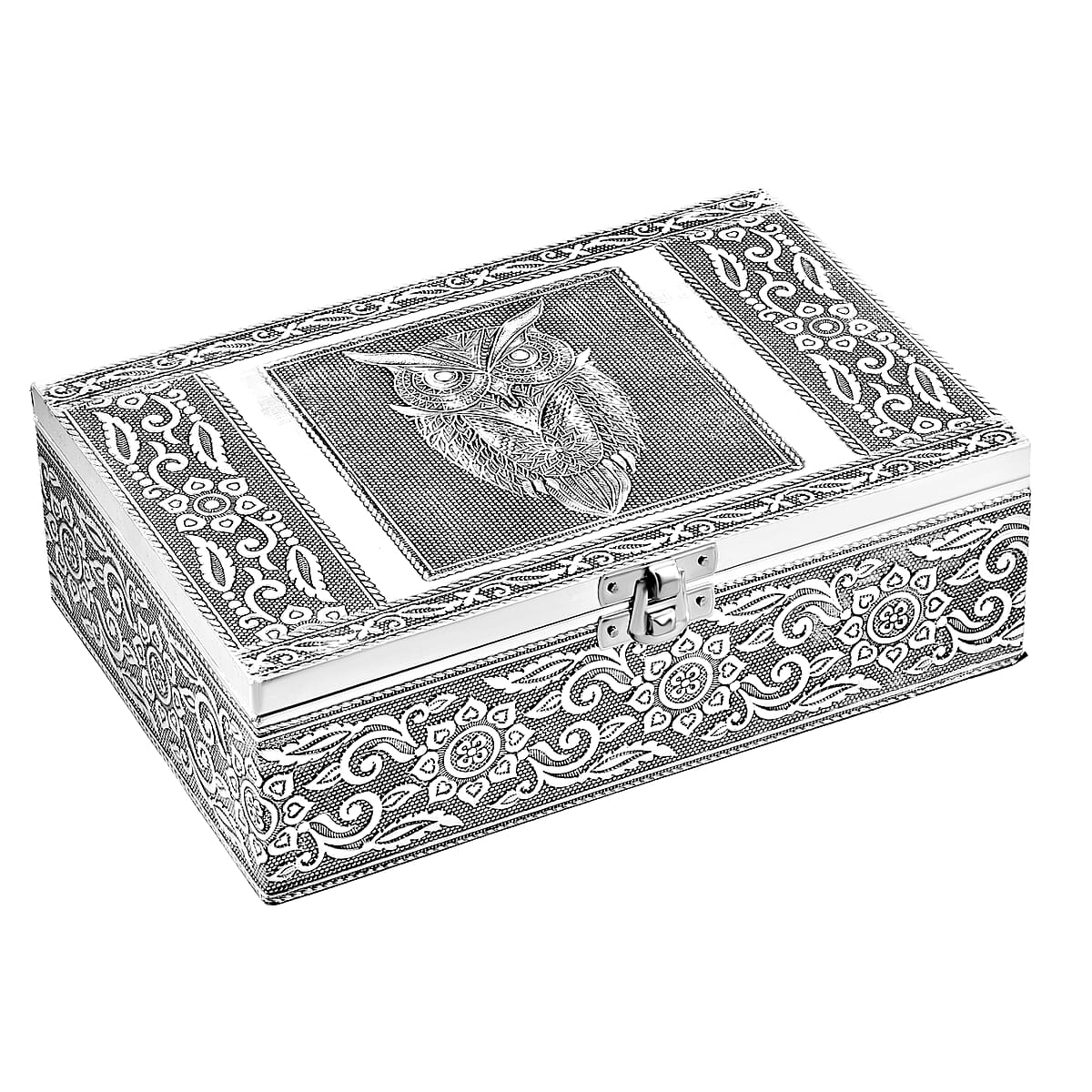 Set Of 2 Silver & Multi Nesting Storage Owl Embossed Aluminium Oxidized & Bling Box image number 2