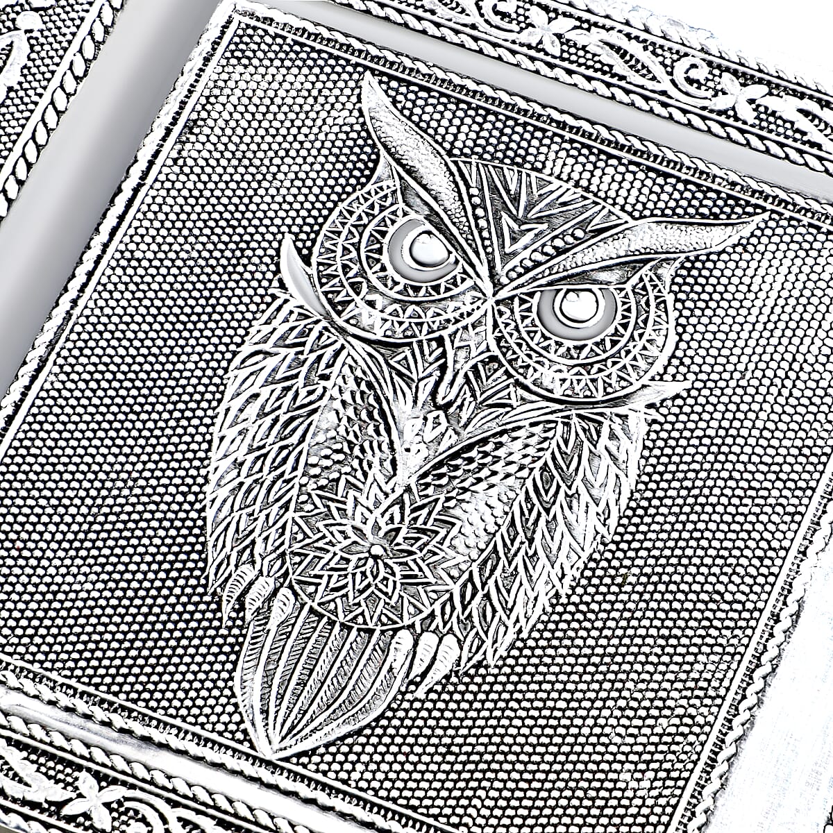 Set Of 2 Silver & Multi Nesting Storage Owl Embossed Aluminium Oxidized & Bling Box image number 3