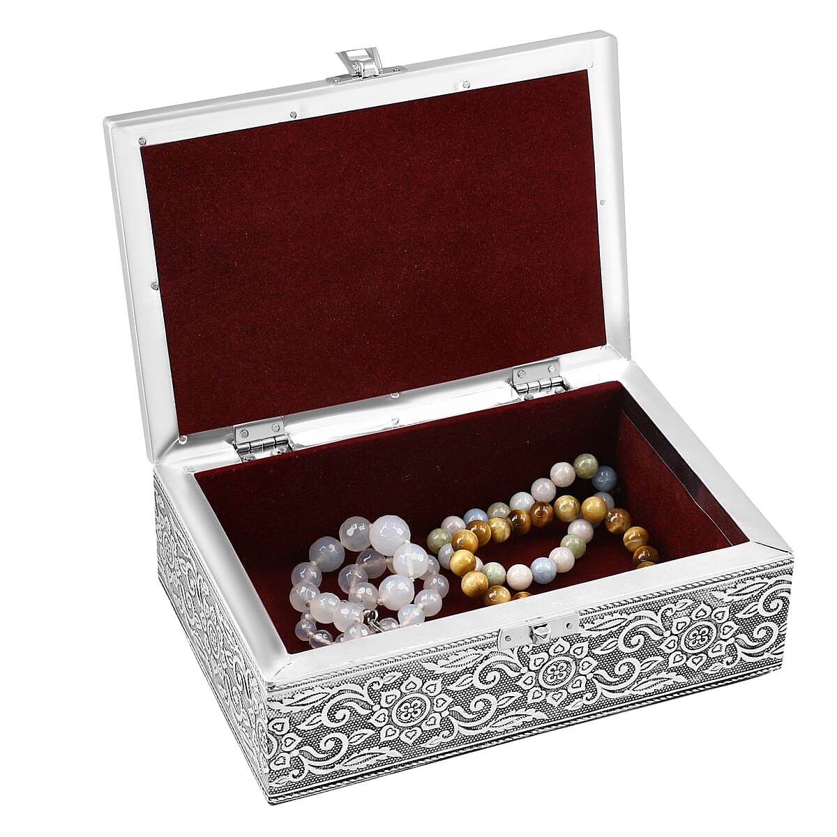 Set Of 2 Silver & Multi Nesting Storage Owl Embossed Aluminium Oxidized & Bling Box image number 6