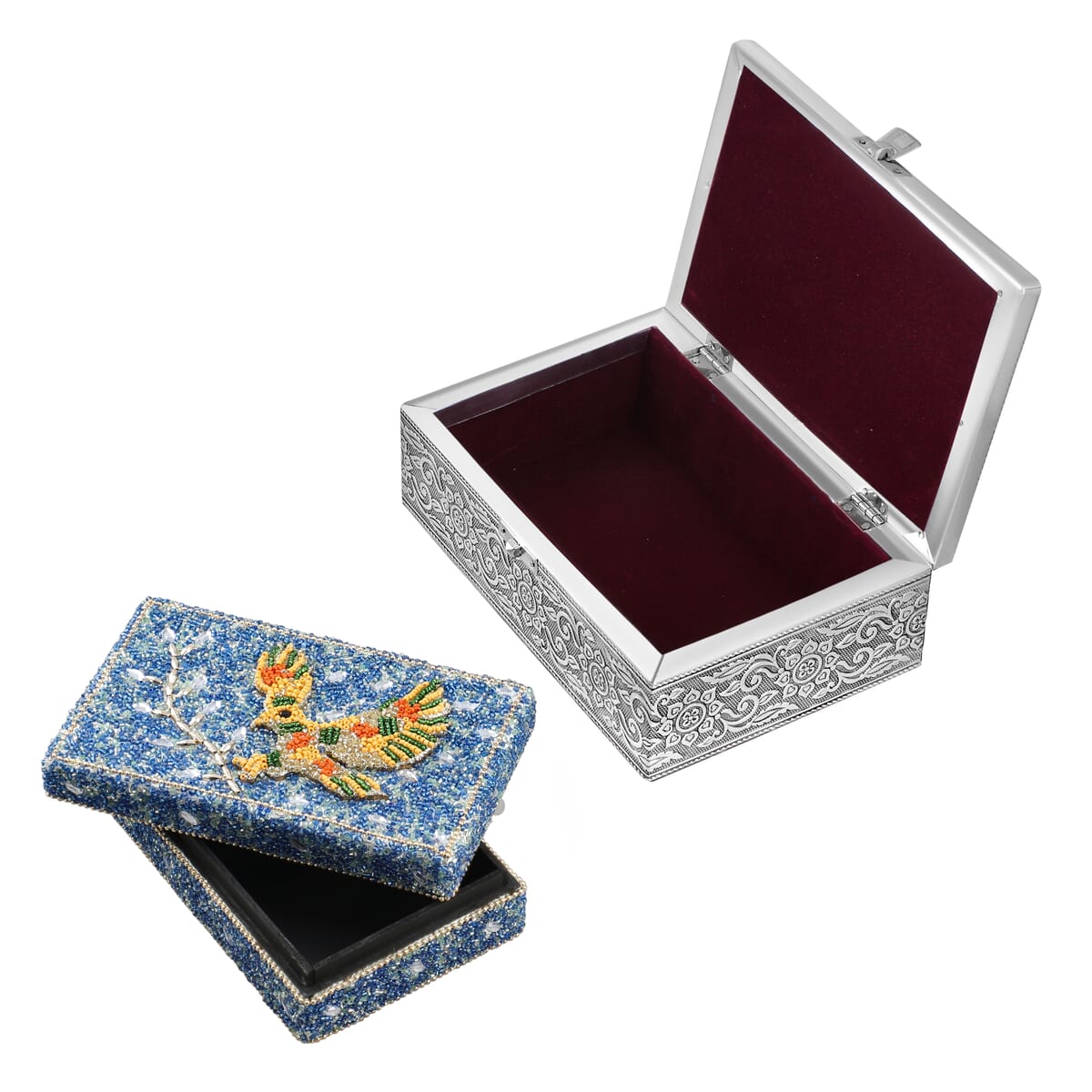  Set Of 2 Silver & Blue Nesting Storage Eagle Embossed Aluminium Oxidized & Bling Box image number 0