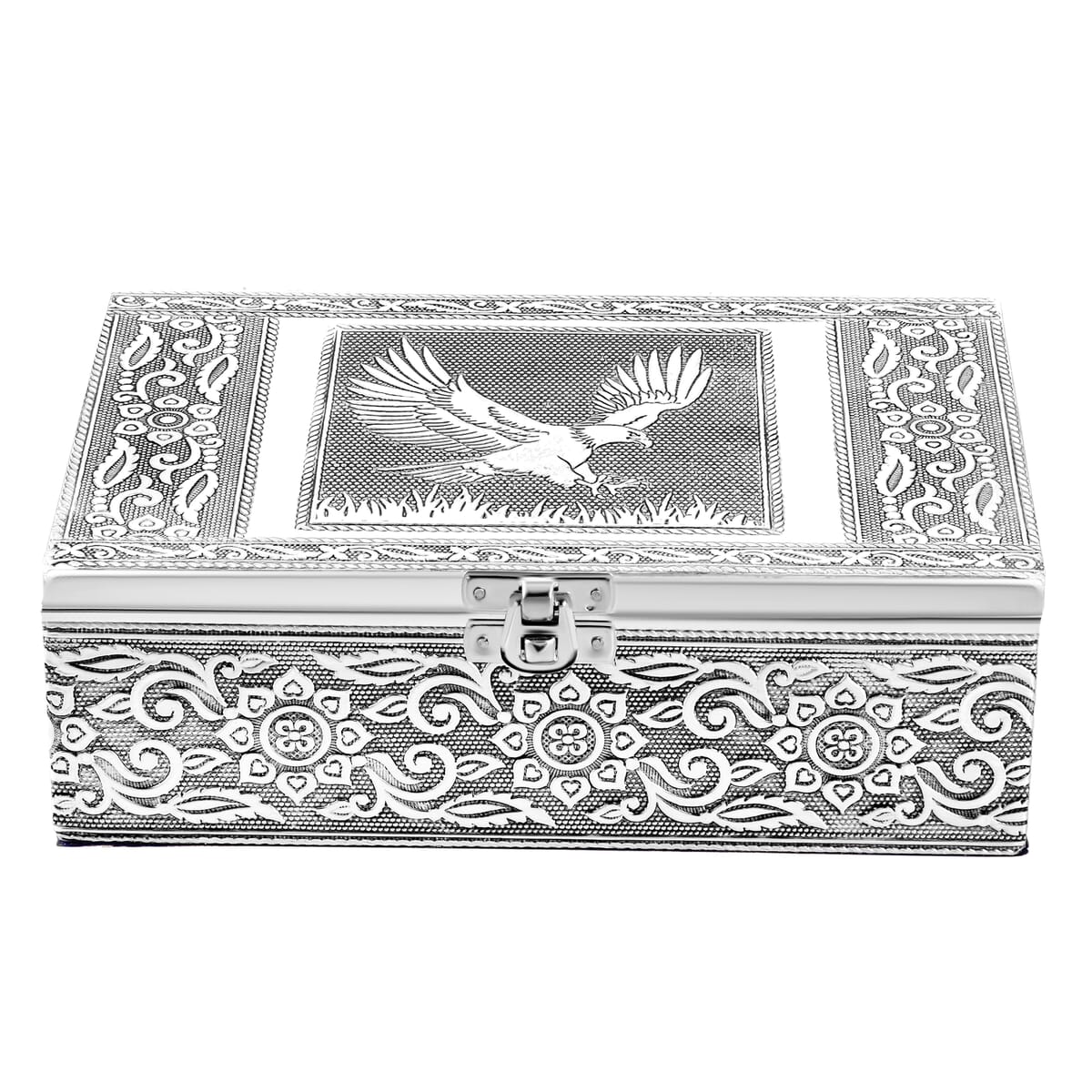  Set Of 2 Silver & Blue Nesting Storage Eagle Embossed Aluminium Oxidized & Bling Box image number 1