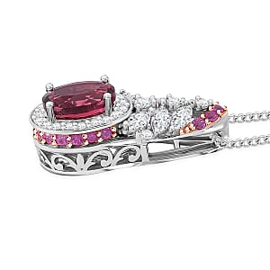 D'Joy Ouro Fino Rubellite and Multi Gemstone 2.70 ctw Lotus Flower Pendant Necklace 18 Inches in Rhodium Over Sterling Silver 