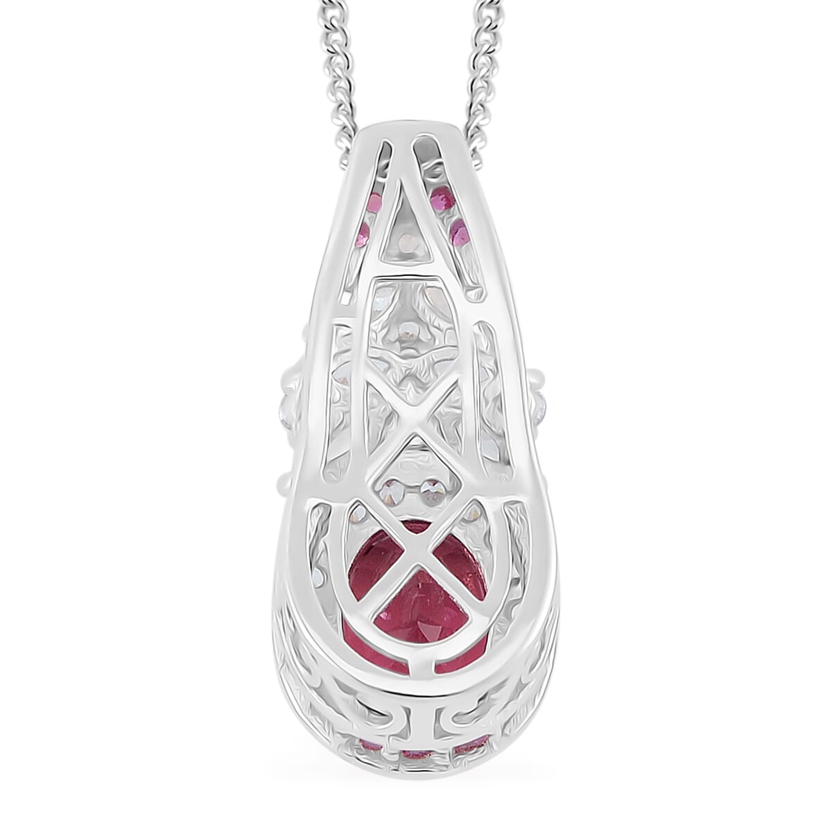 D'Joy Ouro Fino Rubellite and Multi Gemstone 2.70 ctw Lotus Flower Pendant Necklace 18 Inches in Rhodium Over Sterling Silver  image number 3