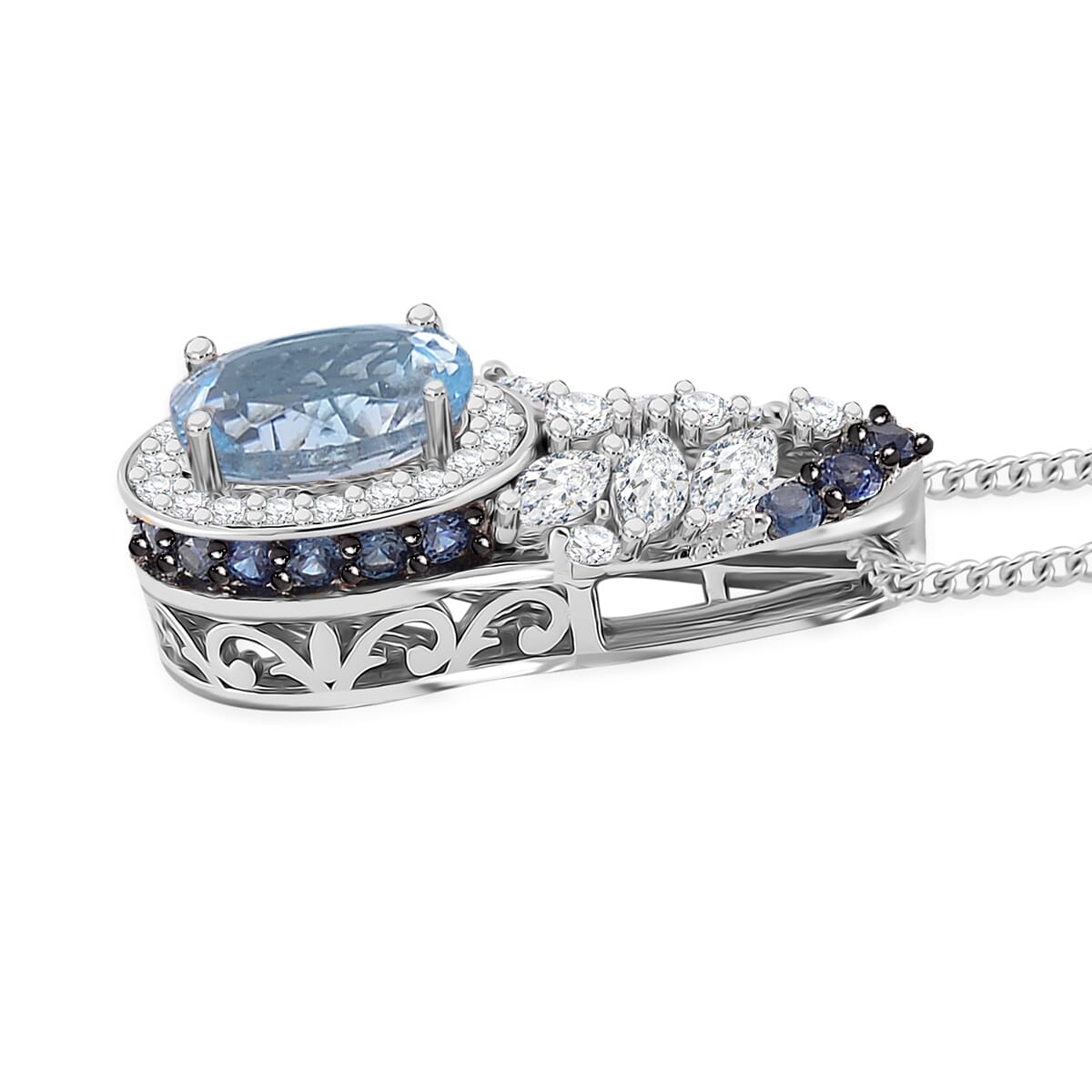 Santa Maria Aquamarine and Multi Gemstone 2.50 ctw Pendant Necklace 18 Inches in Rhodium Over Sterling Silver image number 2