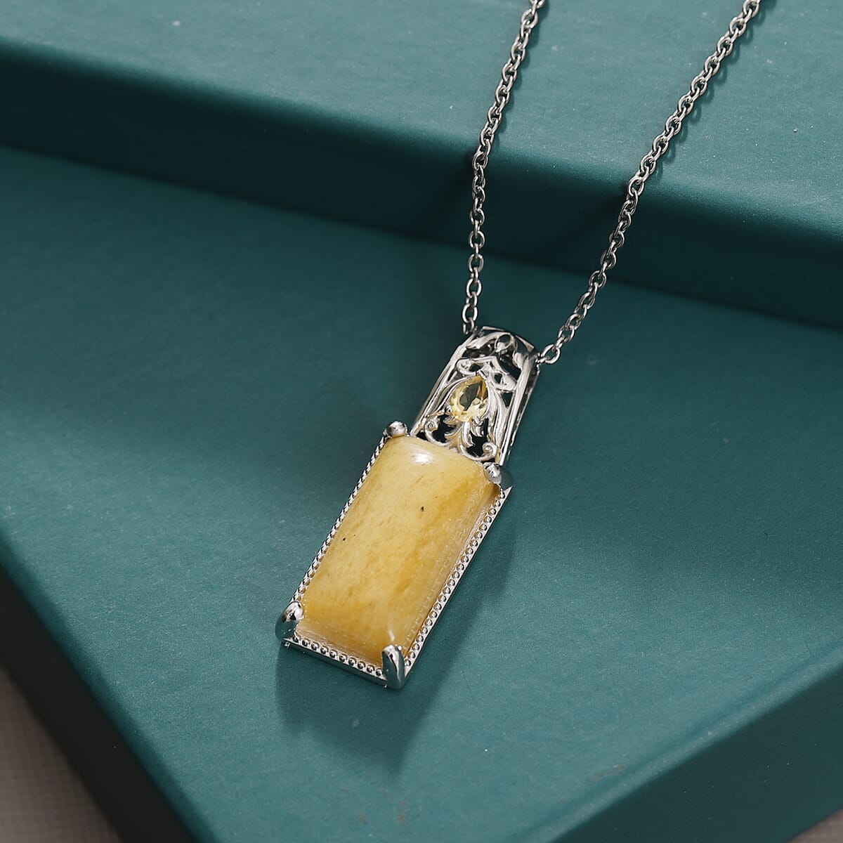 Karis Yellow Aventurine and Citrine 12.40 ctw Pendant in Platinum Bond with Stainless Steel Necklace 20 Inches image number 1