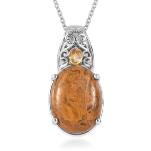 Script Stone and Brazilian Citrine 16.60 ctw Pendant Necklace in Stainless Steel 20 Inches