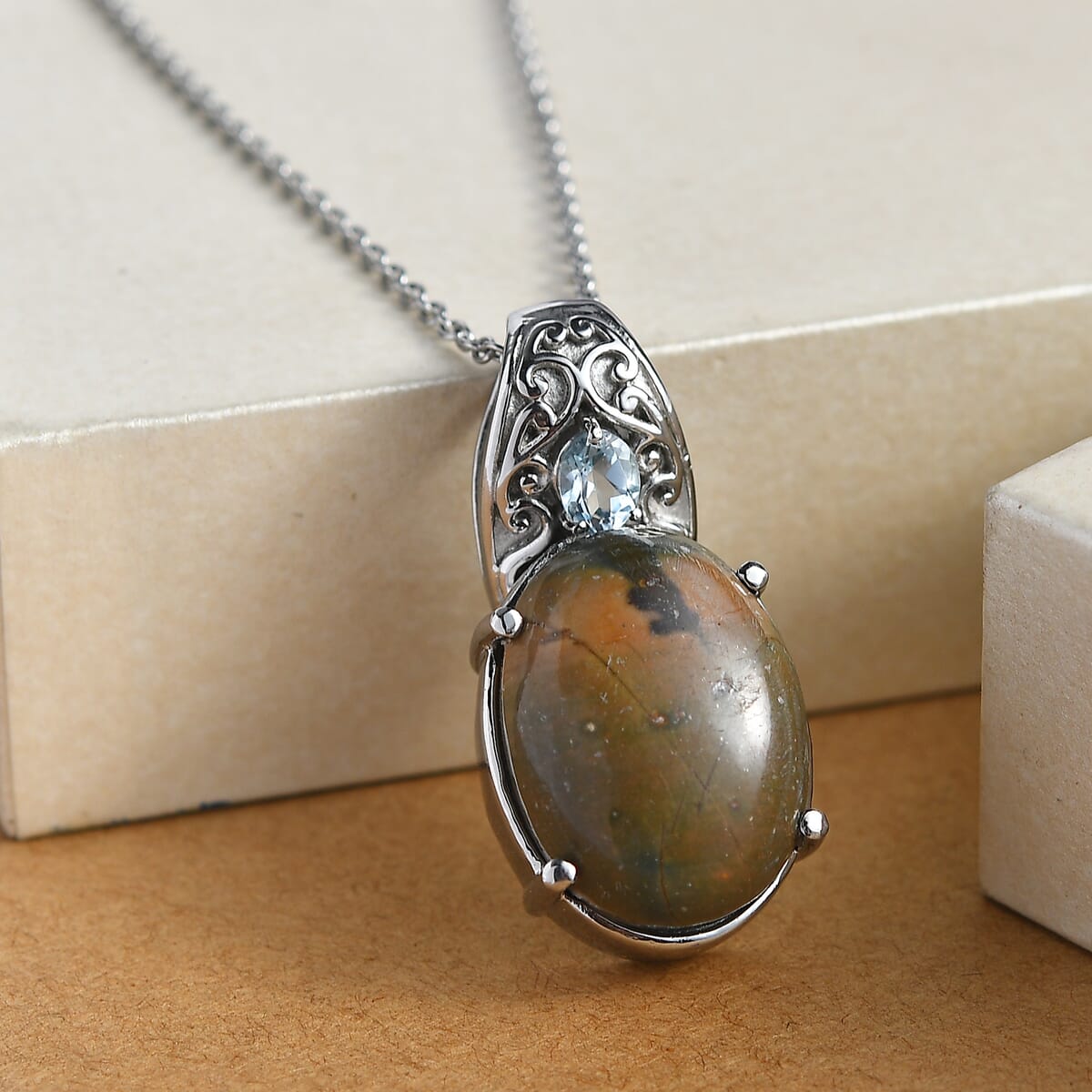 Venus Jasper and Sky Blue Topaz 17.20 ctw Pendant Necklace in Stainless Steel 20 Inches image number 1