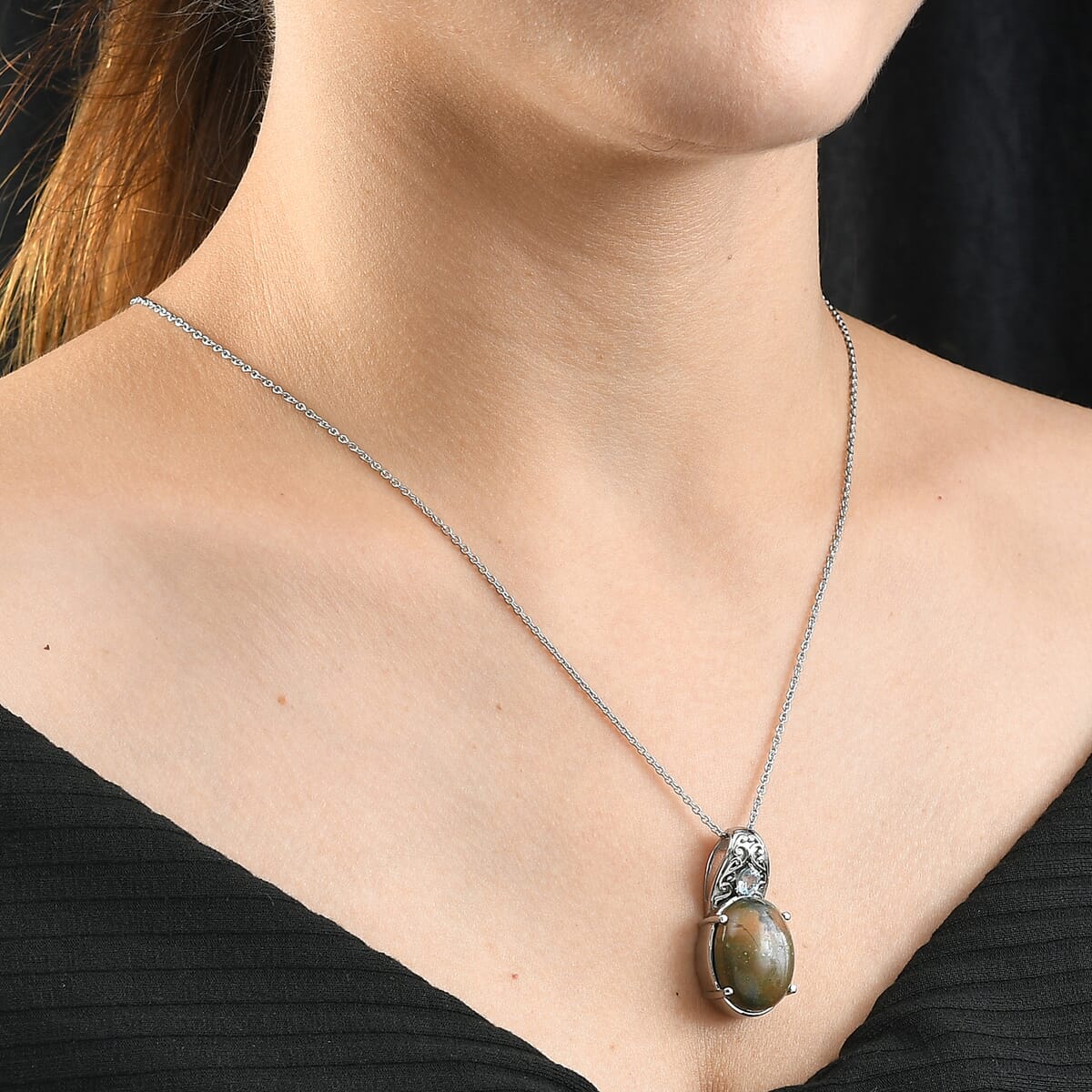 Venus Jasper and Sky Blue Topaz 17.20 ctw Pendant Necklace in Stainless Steel 20 Inches image number 2