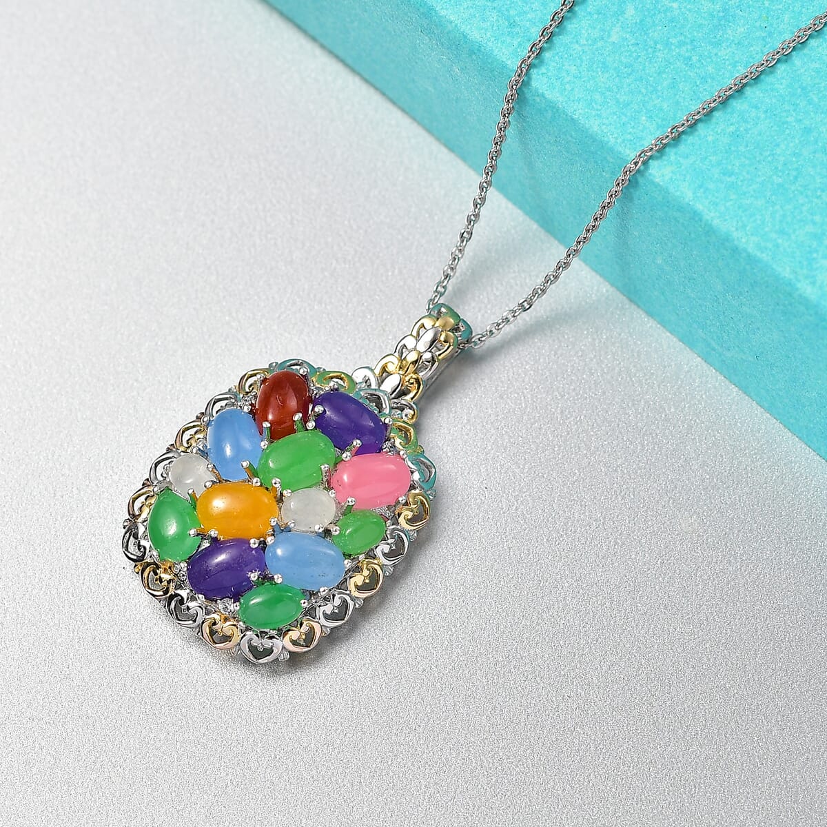Multi Jade (D) and White Zircon 6.60 ctw Rainbow Harmony Pendant Necklace in Vermeil YG and Rhodium Over Sterling Silver 20 Inches image number 1