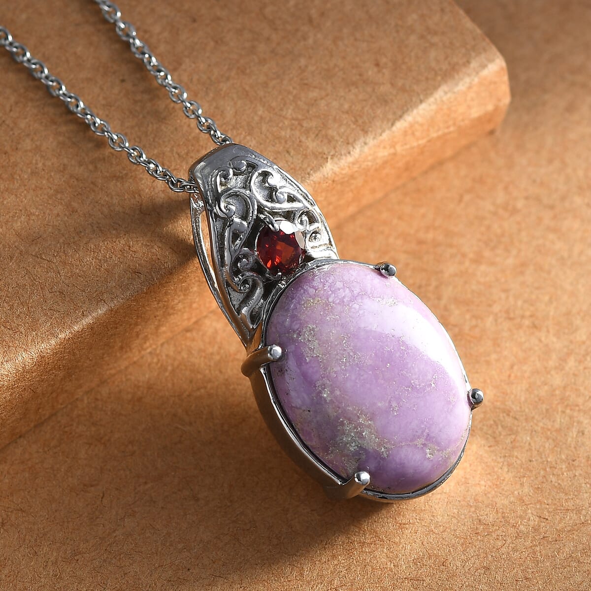 Phosphosiderite and Mozambique Garnet 13.60 ctw Pendant Necklace in Stainless Steel 20 Inches image number 1