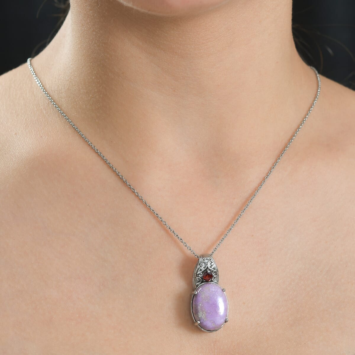 Phosphosiderite and Mozambique Garnet 13.60 ctw Pendant Necklace in Stainless Steel 20 Inches image number 2