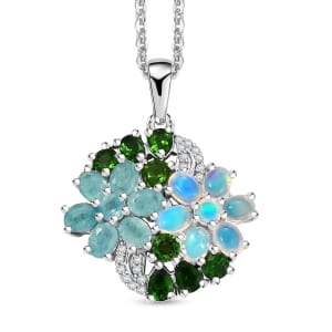 Multi Genstone 3.35 ctw Bunch of Flower Pendant Necklace in Rhodium Over Sterling Silver 20 Inches