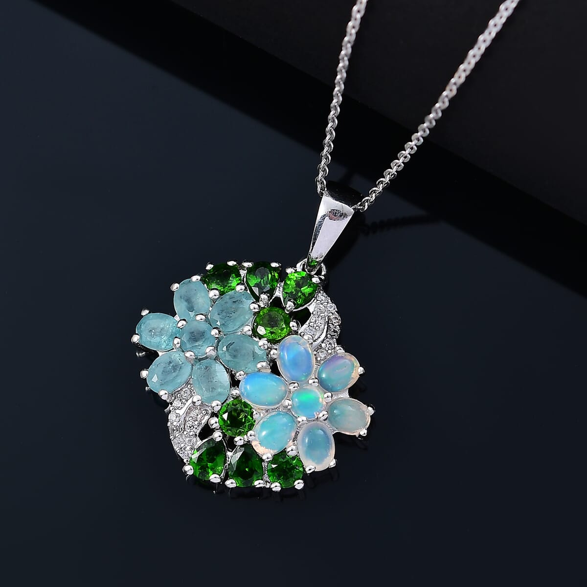 D'Joy Multi Genstone 3.35 ctw Bunch of Flower Pendant Necklace in Rhodium Over Sterling Silver 20 Inches image number 1