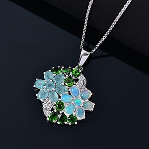 D'Joy Multi Genstone 3.35 ctw Bunch of Flower Pendant Necklace in Rhodium Over Sterling Silver 20 Inches