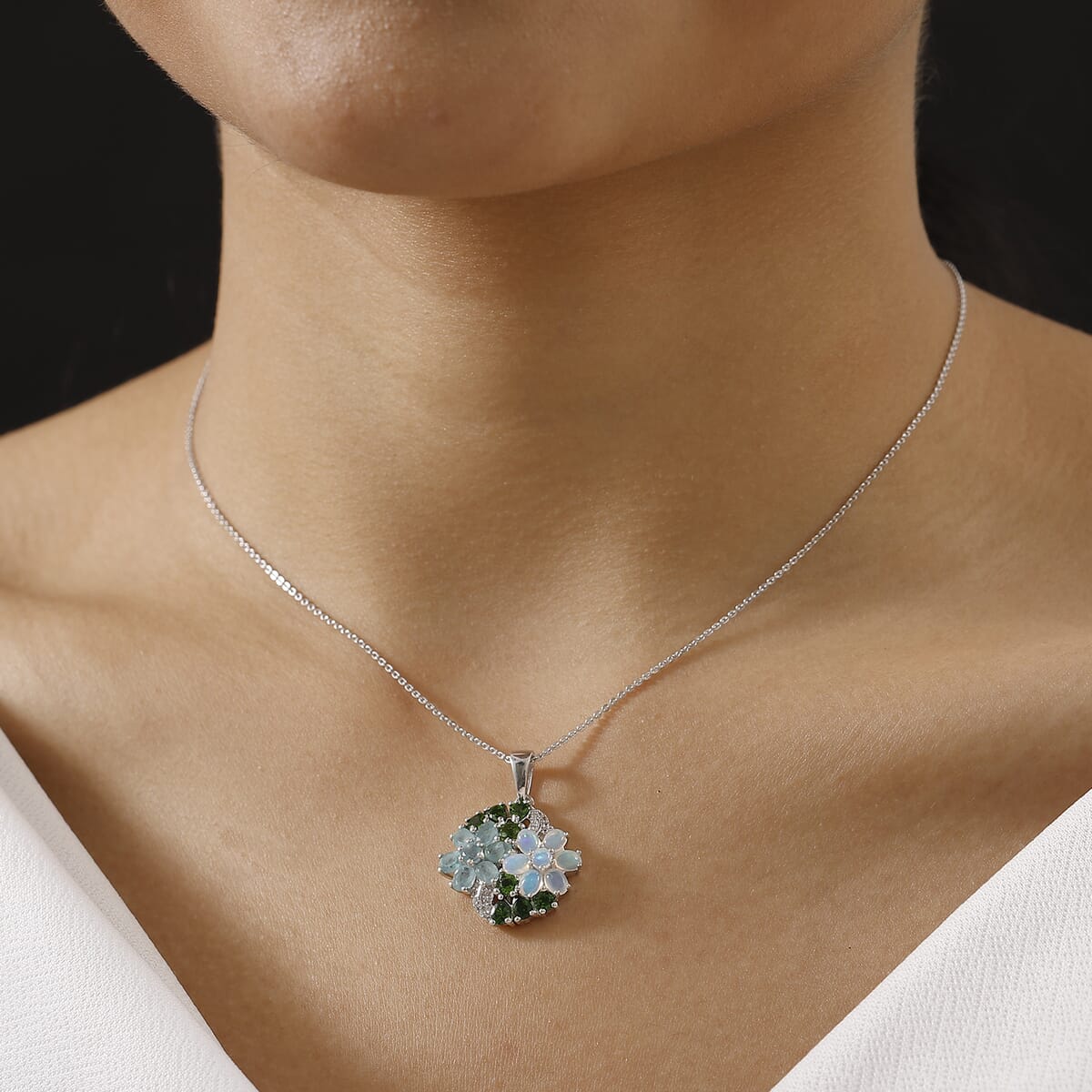 D'Joy Multi Genstone 3.35 ctw Bunch of Flower Pendant Necklace in Rhodium Over Sterling Silver 20 Inches image number 2