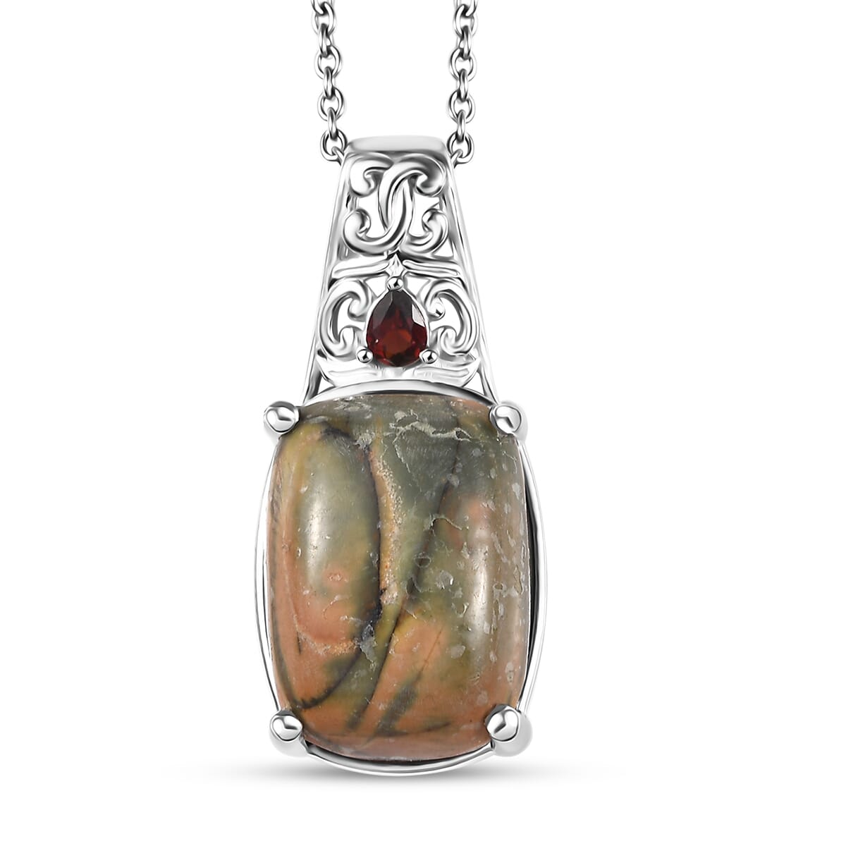 Venus Jasper and Mozambique Garnet 14.20 ctw Pendant in Platinum Bond with Stainless Steel Necklace 20 Inches image number 0