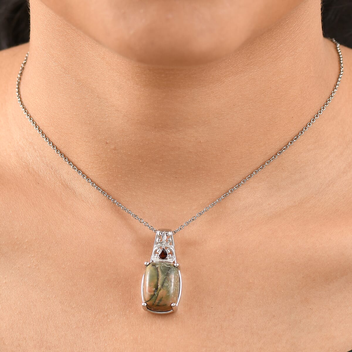 Venus Jasper and Mozambique Garnet 14.20 ctw Pendant in Platinum Bond with Stainless Steel Necklace 20 Inches image number 2