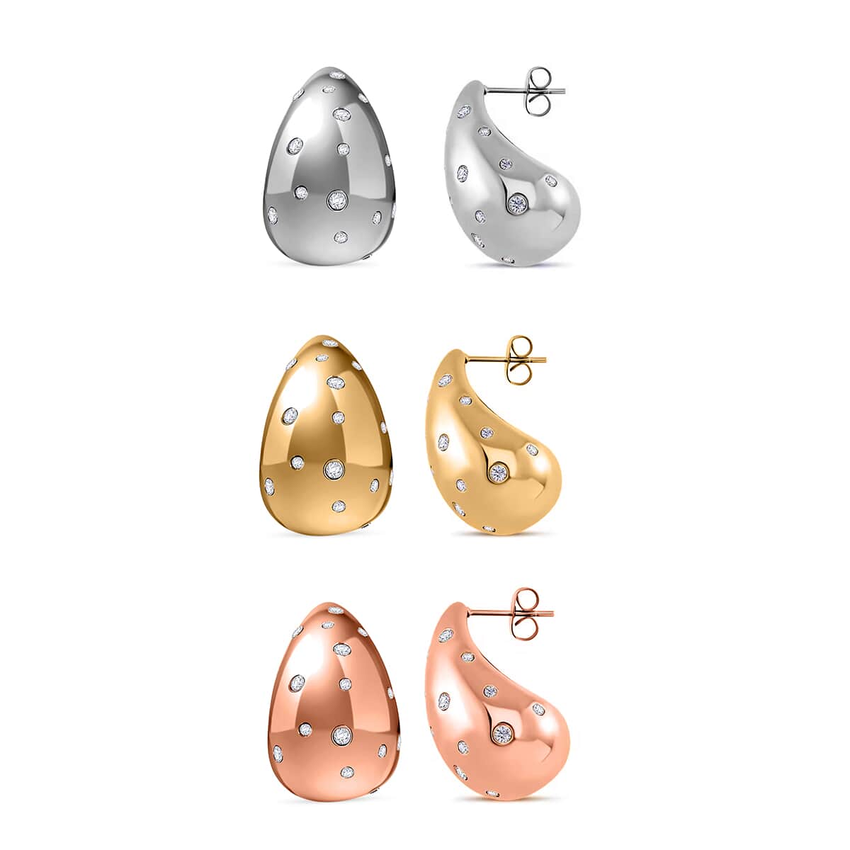 Set of 3 Simulated Diamond 3.00 ctw Raindrop Earrings in ION Plated Yellow, Rose Gold and Stainless Steel image number 0