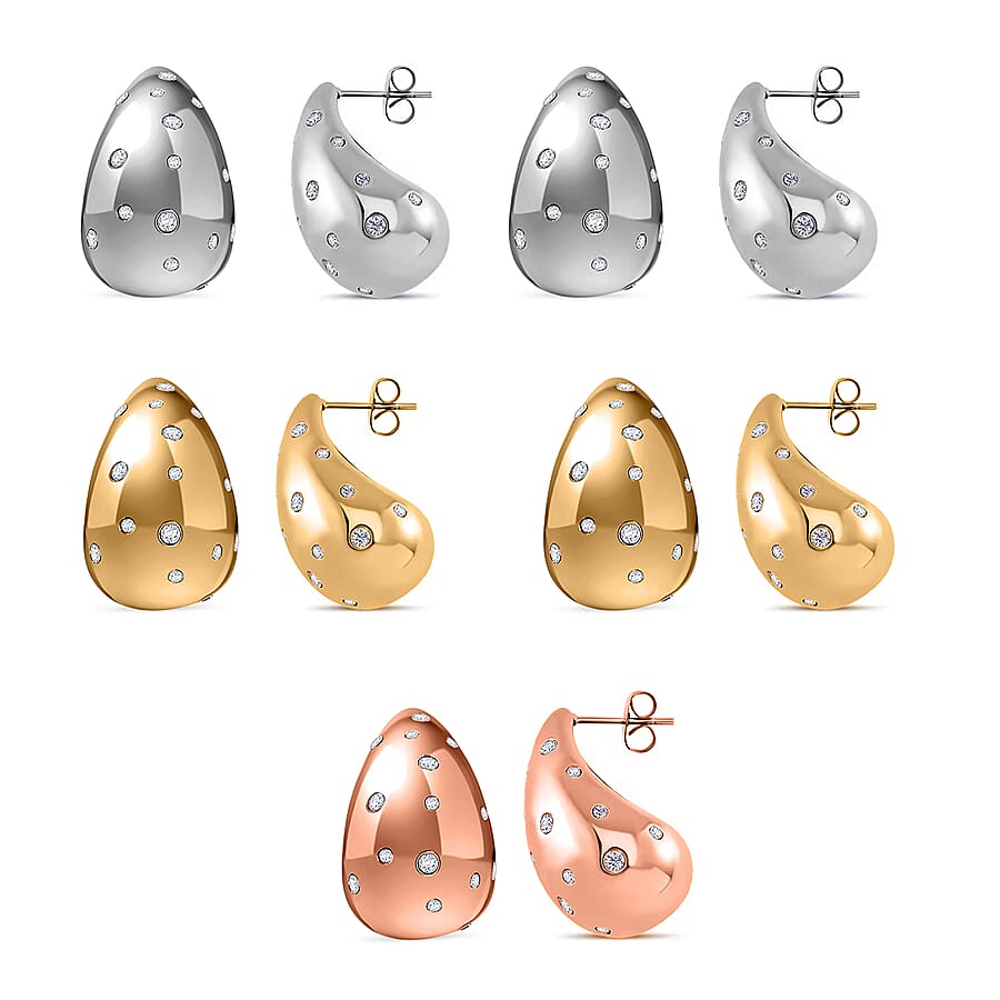 Set of 5 Simulated Diamond 5.00 ctw Raindrop Earrings in ION Plated Yellow, Rose Gold and Stainless Steel