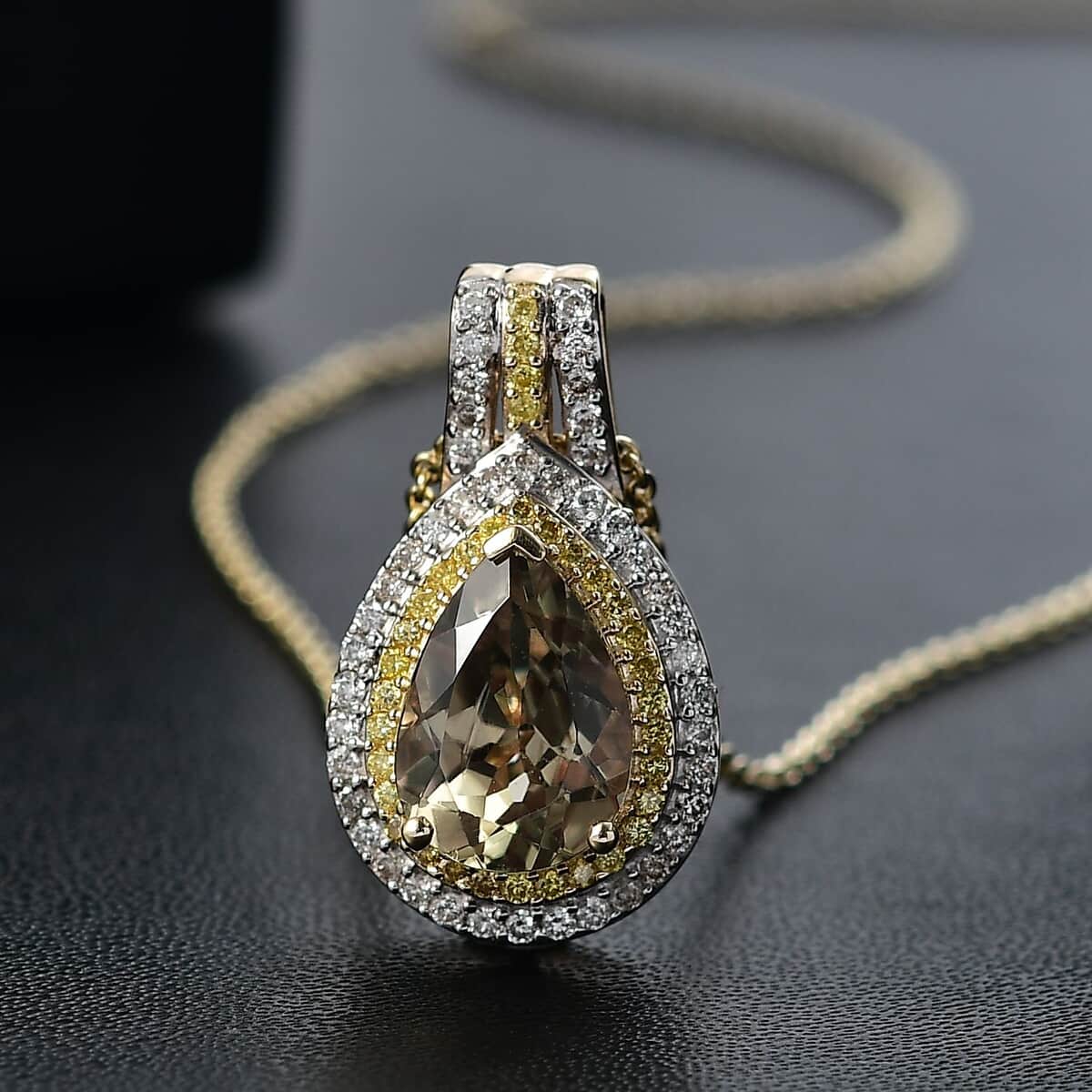 Luxoro AAA Turkizite, Natural Yellow and White Diamond 2.75 ctw Double Halo Pendant Necklace in 10K Yellow Gold 20 Inches image number 1