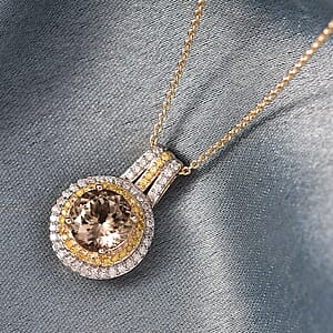 Luxoro AAA Turkizite, Natural Yellow and White Diamond 2.90 ctw Double Halo Pendant Necklace in 10K Yellow Gold 20 Inches