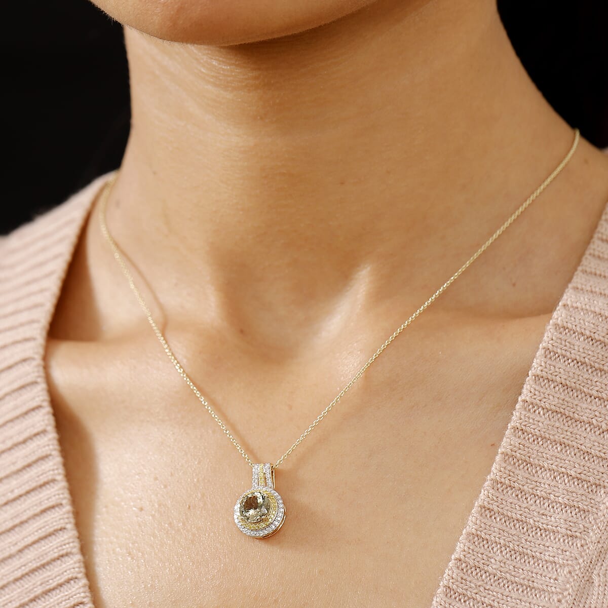 Luxoro AAA Turkizite, Natural Yellow and White Diamond 2.90 ctw Double Halo Pendant Necklace in 10K Yellow Gold 20 Inches image number 2