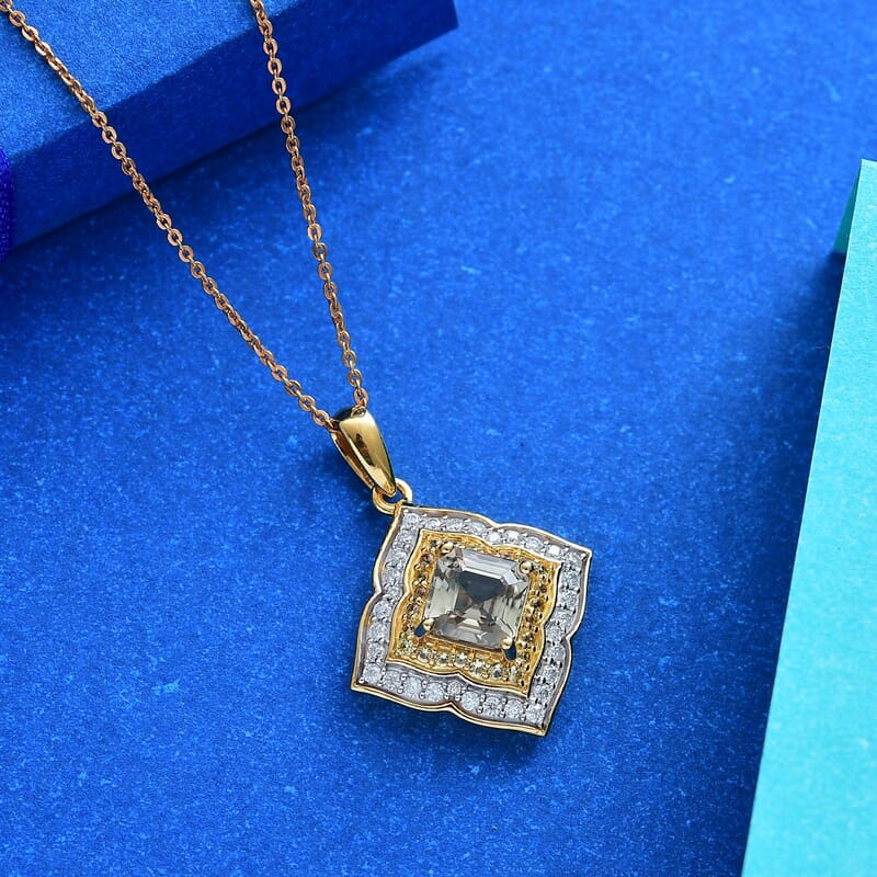 AAA Asscher Cut Turkizite and Multi Gemstone 3.00 ctw Radiant Blossom Pendant Necklace in 18K Vermeil Yellow Gold Over Sterling Silver 20 Inches