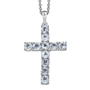 Sky Blue Topaz 3.40 ctw Cross Pendant in Platinum Over Sterling Silver with Stainless Steel Chain 20 Inches