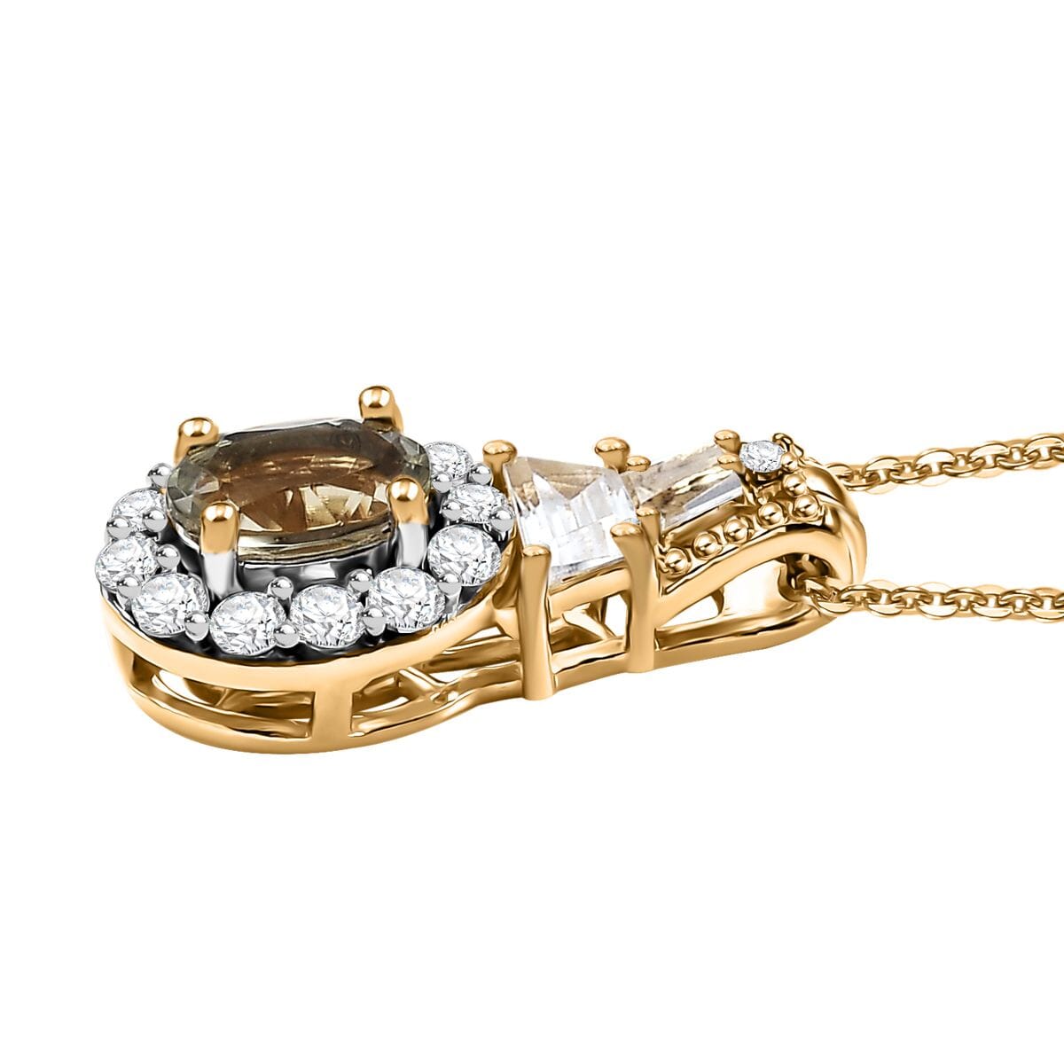 AAA Turkizite and White Zircon 1.35 ctw Vintage Halo Pendant Necklace in 18K Vermeil Yellow Gold Over Sterling Silver 20 Inches image number 3