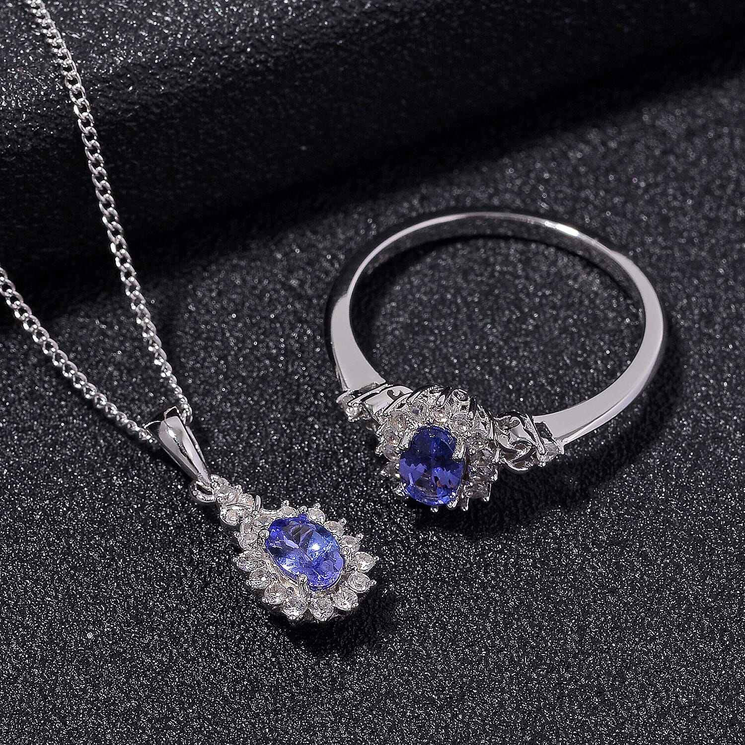 Tanzanite and White Zircon 1.50 ctw Heart & Arrows Ring (Size 5.0), Pendant Necklace 18 Inches in Rhodium Over Sterling Silver