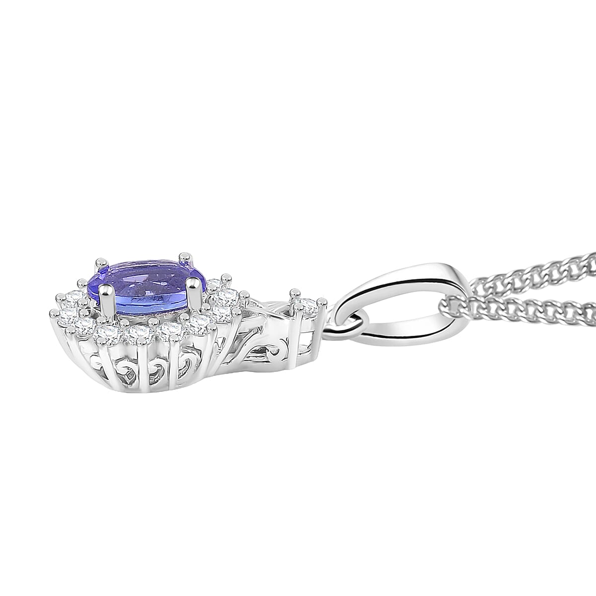 Tanzanite and White Zircon 1.50 ctw Heart & Arrows Ring (Size 5.0), Pendant Necklace 18 Inches in Rhodium Over Sterling Silver