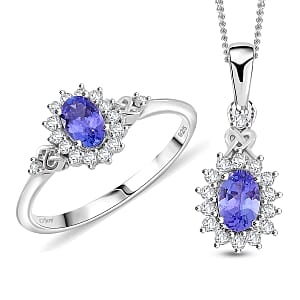 Tanzanite and White Zircon 1.50 ctw Heart & Arrows Ring (Size 7.0), Pendant Necklace 18 Inches in Rhodium Over Sterling Silver