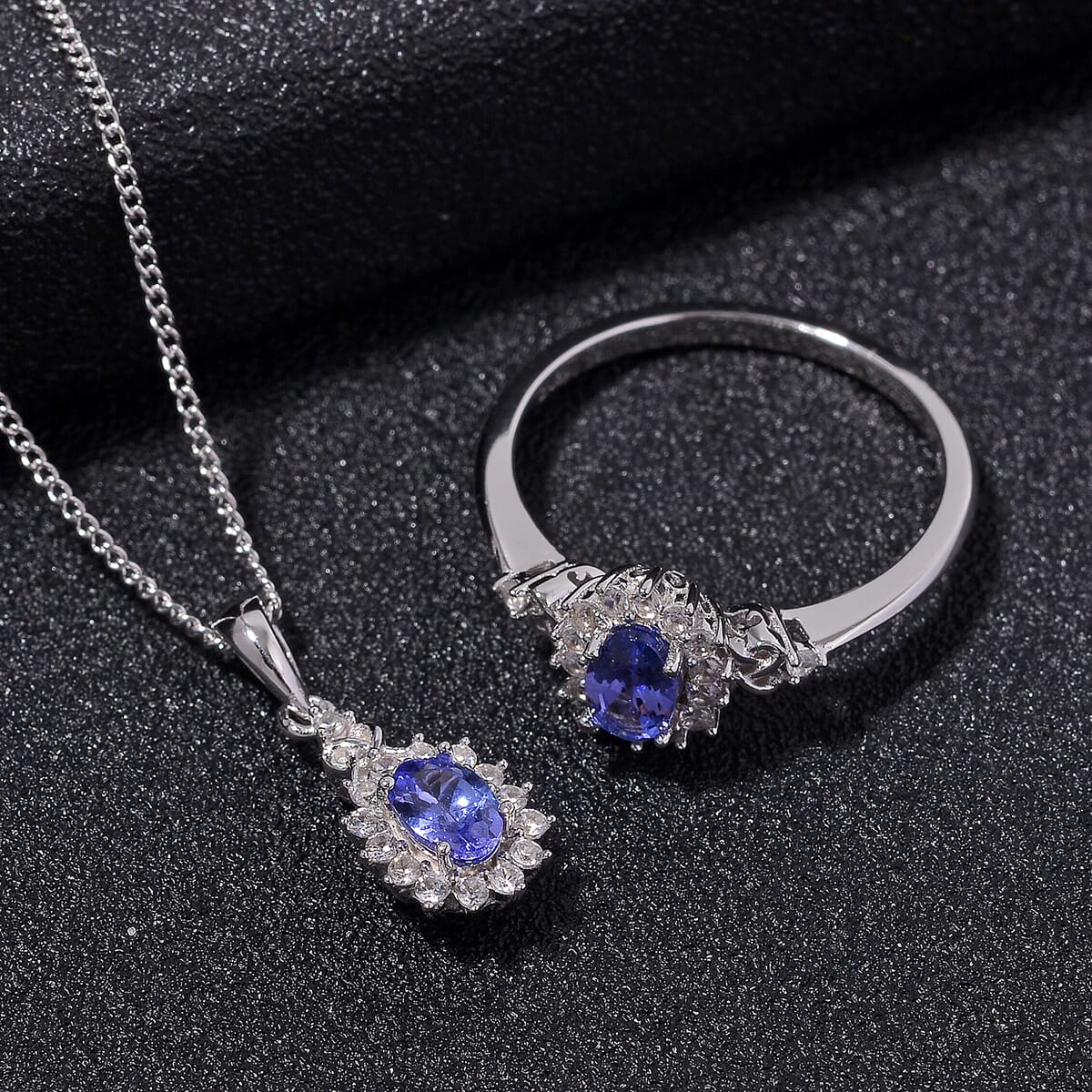 Tanzanite and White Zircon 1.50 ctw Heart & Arrows Ring (Size 9.0), Pendant Necklace 18 Inches in Rhodium Over Sterling Silver image number 1