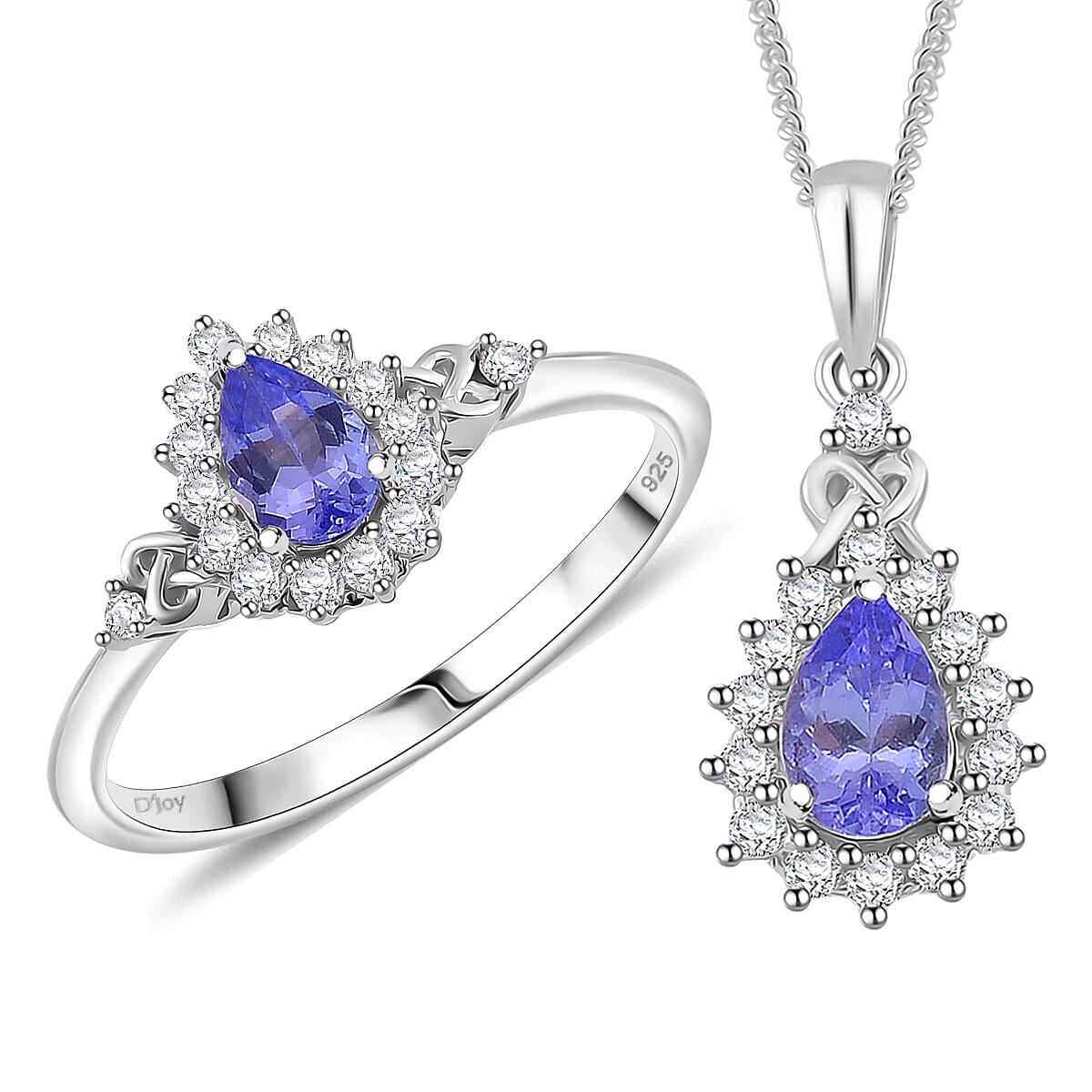Tanzanite and White Zircon 1.40 ctw Heart & Arrows Ring (Size 8.0), Pendant Necklace 18 Inches in Rhodium Over Sterling Silver image number 0