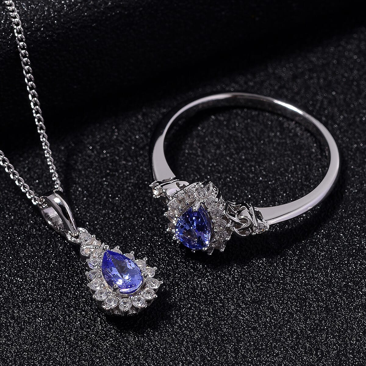 Tanzanite and White Zircon 1.40 ctw Heart & Arrows Ring (Size 8.0), Pendant Necklace 18 Inches in Rhodium Over Sterling Silver image number 1