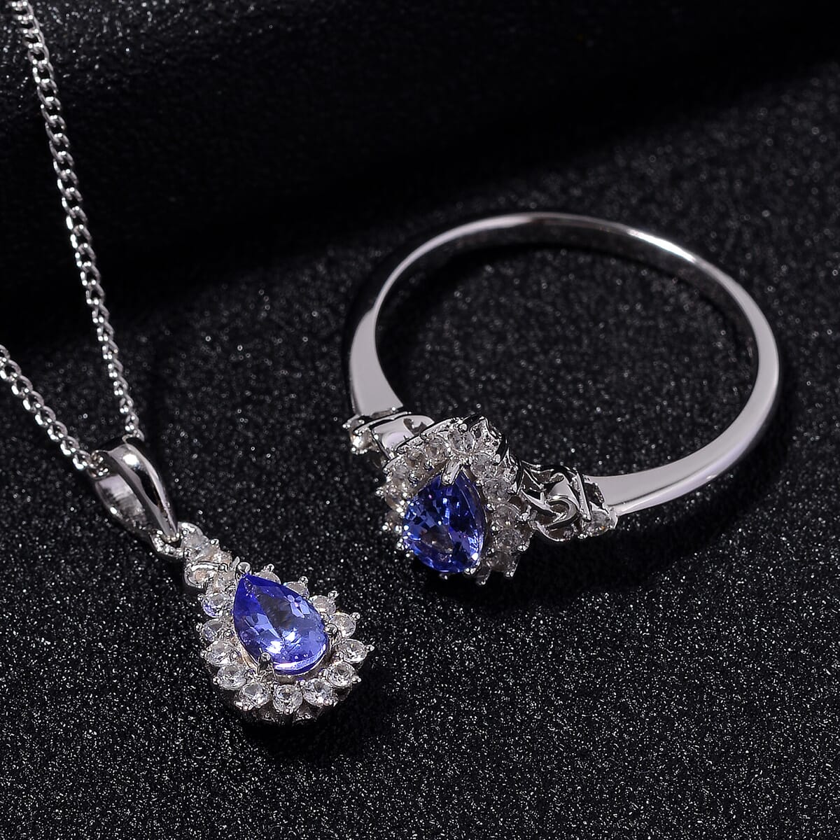 Tanzanite and White Zircon 1.40 ctw Heart & Arrows Ring (Size 9.0), Pendant Necklace 18 Inches in Rhodium Over Sterling Silver image number 1