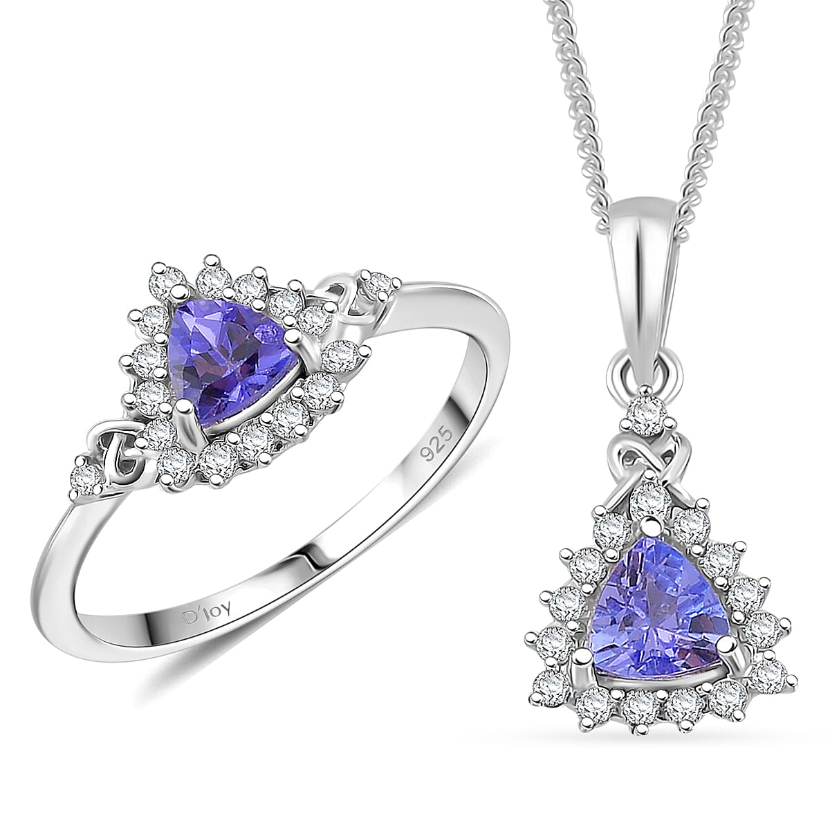 Tanzanite and White Zircon 1.50 ctw Heart & Arrows Ring (Size 8.0), Pendant Necklace 18 Inches in Rhodium Over Sterling Silver image number 0
