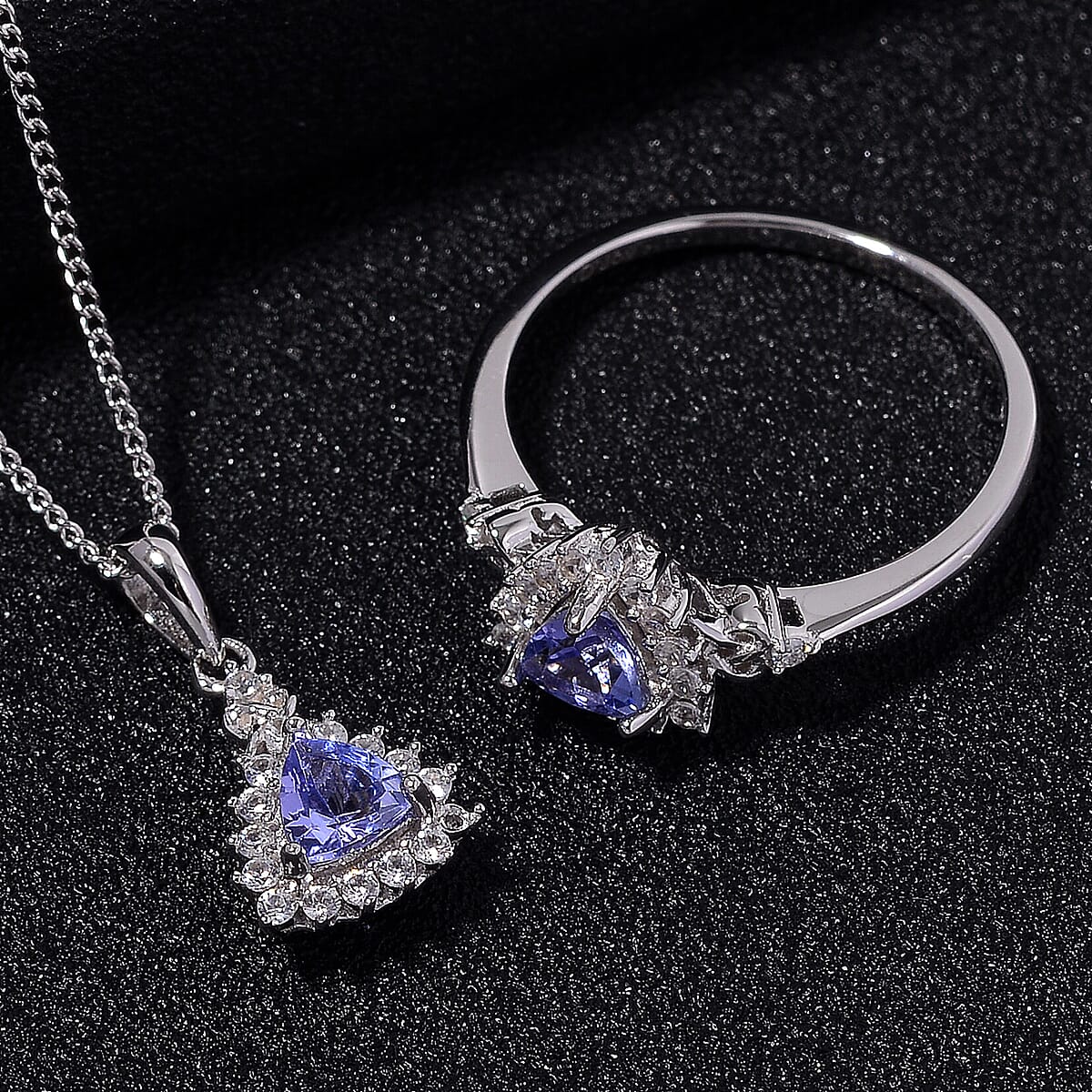 Tanzanite and White Zircon 1.50 ctw Heart & Arrows Ring (Size 8.0), Pendant Necklace 18 Inches in Rhodium Over Sterling Silver image number 1