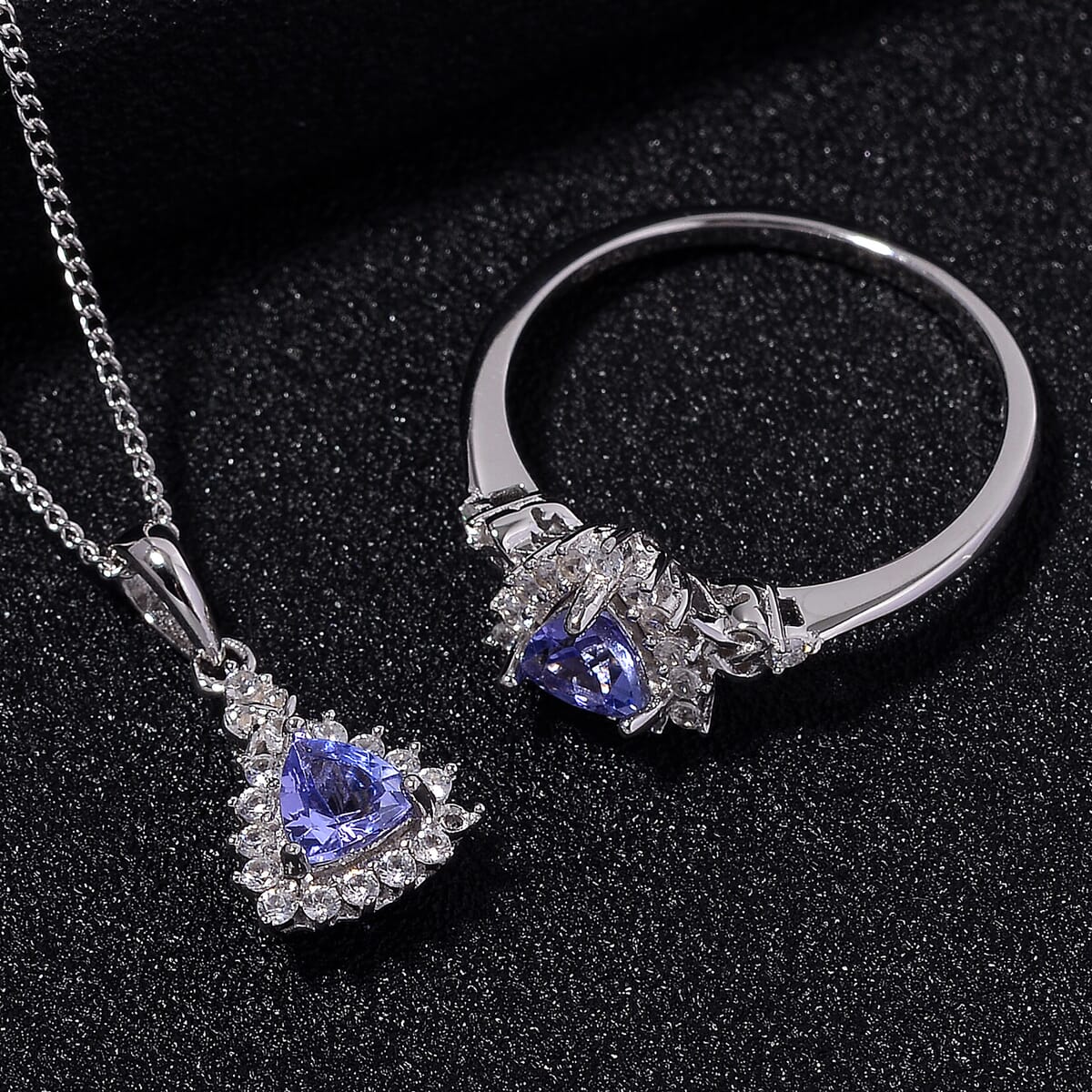 Tanzanite and White Zircon 1.50 ctw Heart & Arrows Ring (Size 9.0), Pendant Necklace 18 Inches in Rhodium Over Sterling Silver image number 1