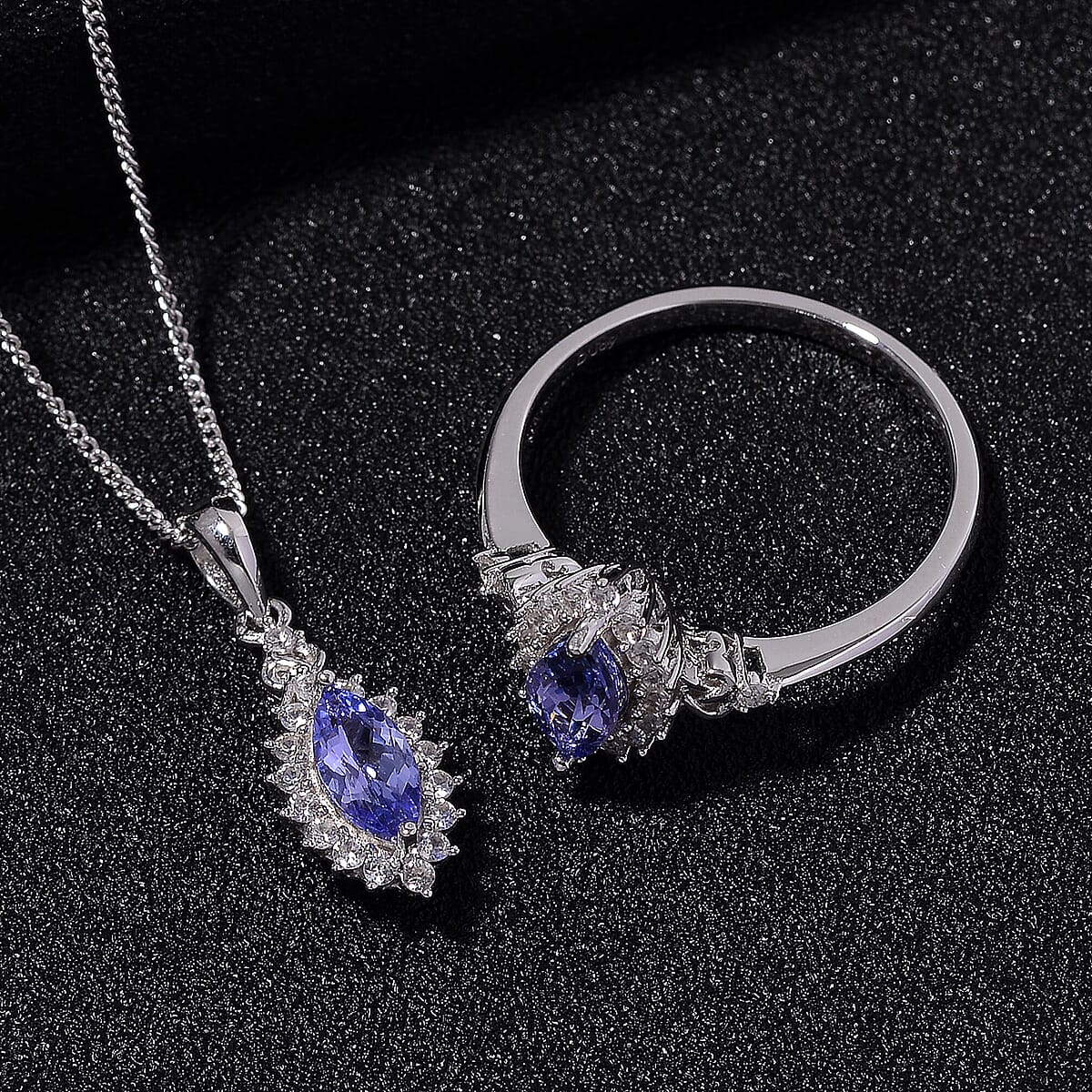Tanzanite and White Zircon 1.75 ctw Heart & Arrows Ring (Size 7.0), Pendant Necklace 18 Inches in Rhodium Over Sterling Silver image number 1
