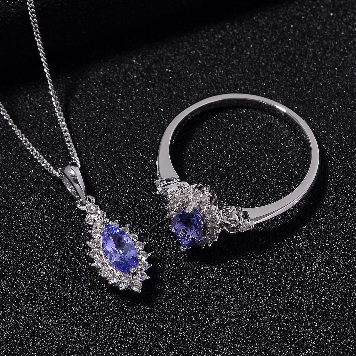 Tanzanite and White Zircon 1.75 ctw Heart & Arrows Ring (Size 8.0), Pendant Necklace 18 Inches in Rhodium Over Sterling Silver image number 1
