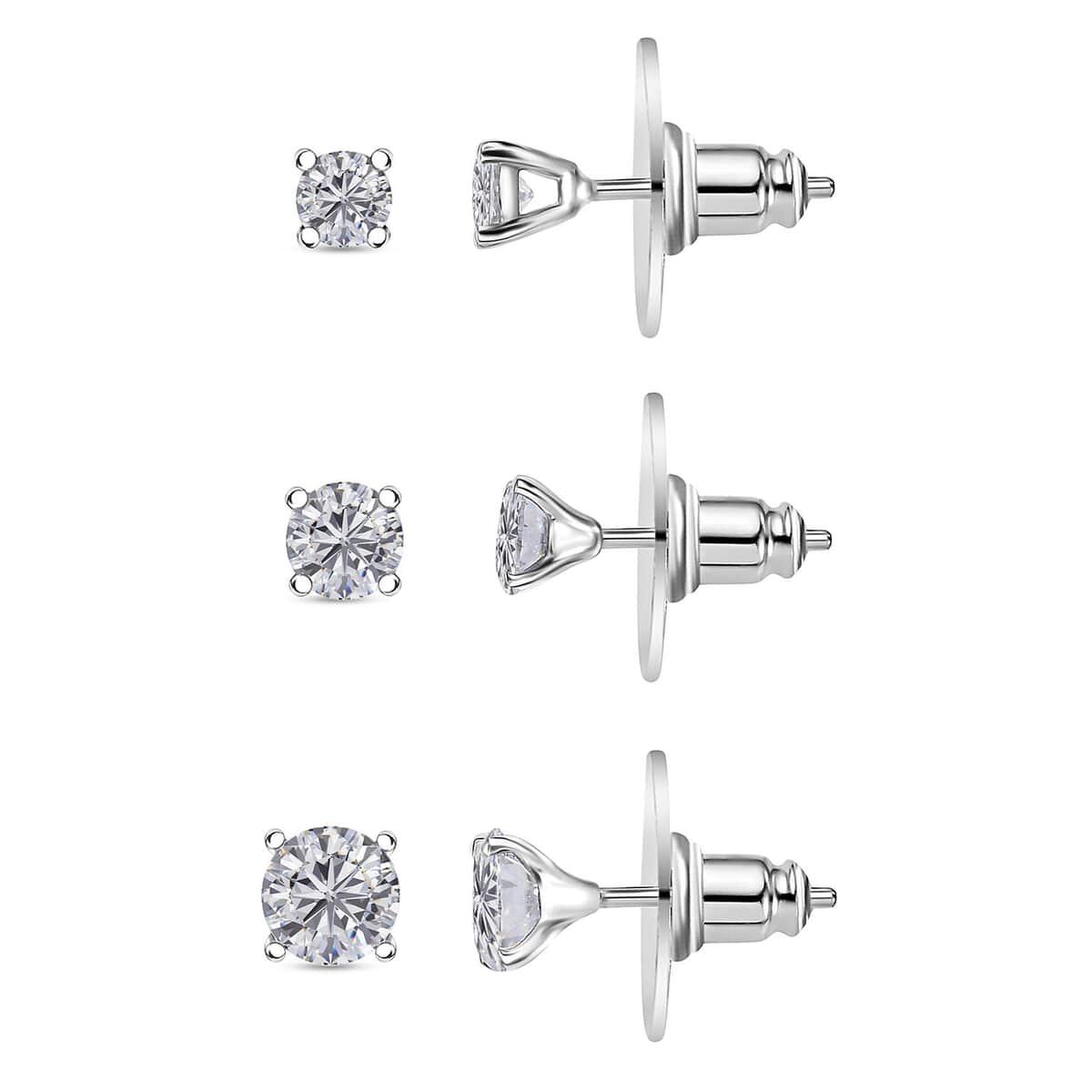 Set of 3 Moissanite 2.90 ctw Solitaire Stud Earrings in Rhodium Over Sterling Silver image number 0