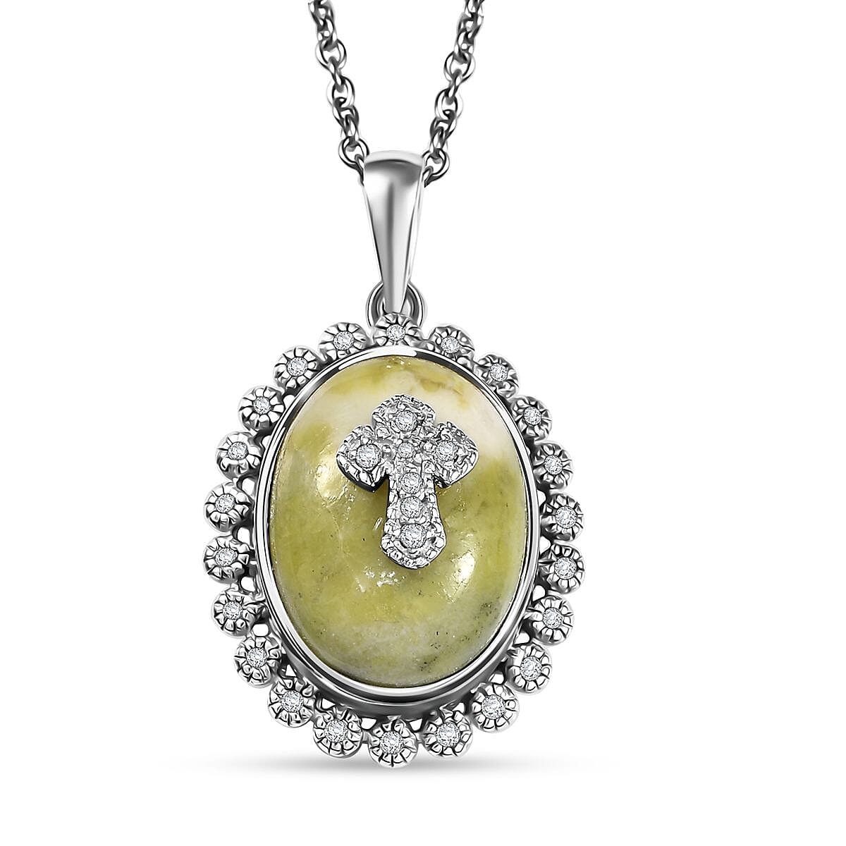 Connemara Marble and White Zircon 11.50 ctw Celtic Cross Pendant in Platinum Over Sterling Silver with Stainless Steel Necklace 20 Inches image number 0