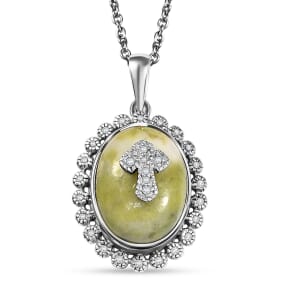 Connemara Marble and White Zircon 11.50 ctw Celtic Cross Pendant in Platinum Over Sterling Silver with Stainless Steel Necklace 20 Inches