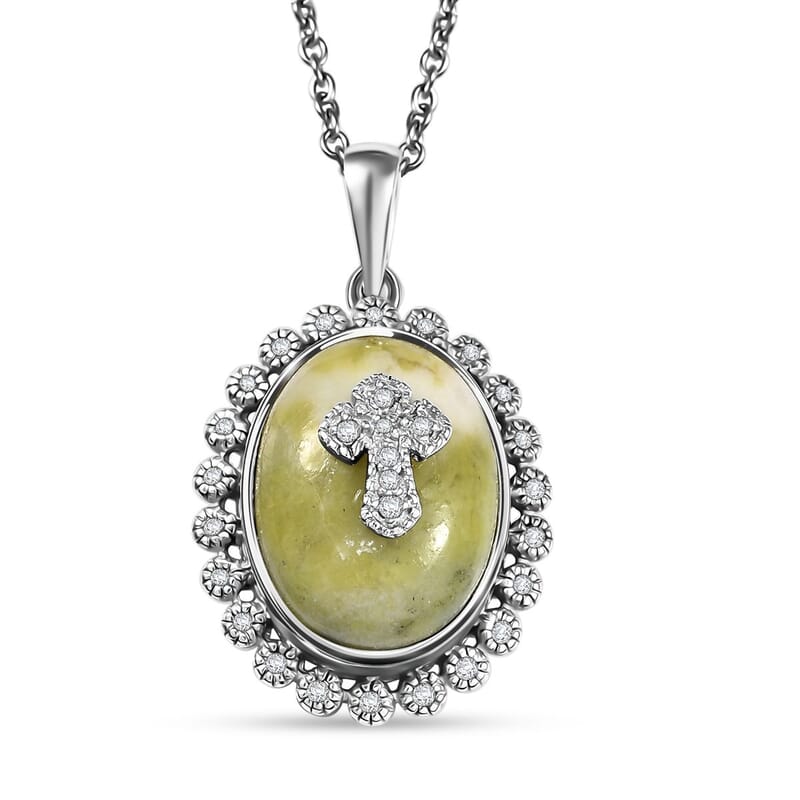 Connemara Marble and White Zircon 11.50 ctw Celtic Cross Pendant in Platinum Over Sterling Silver with Stainless Steel Necklace 20 Inches