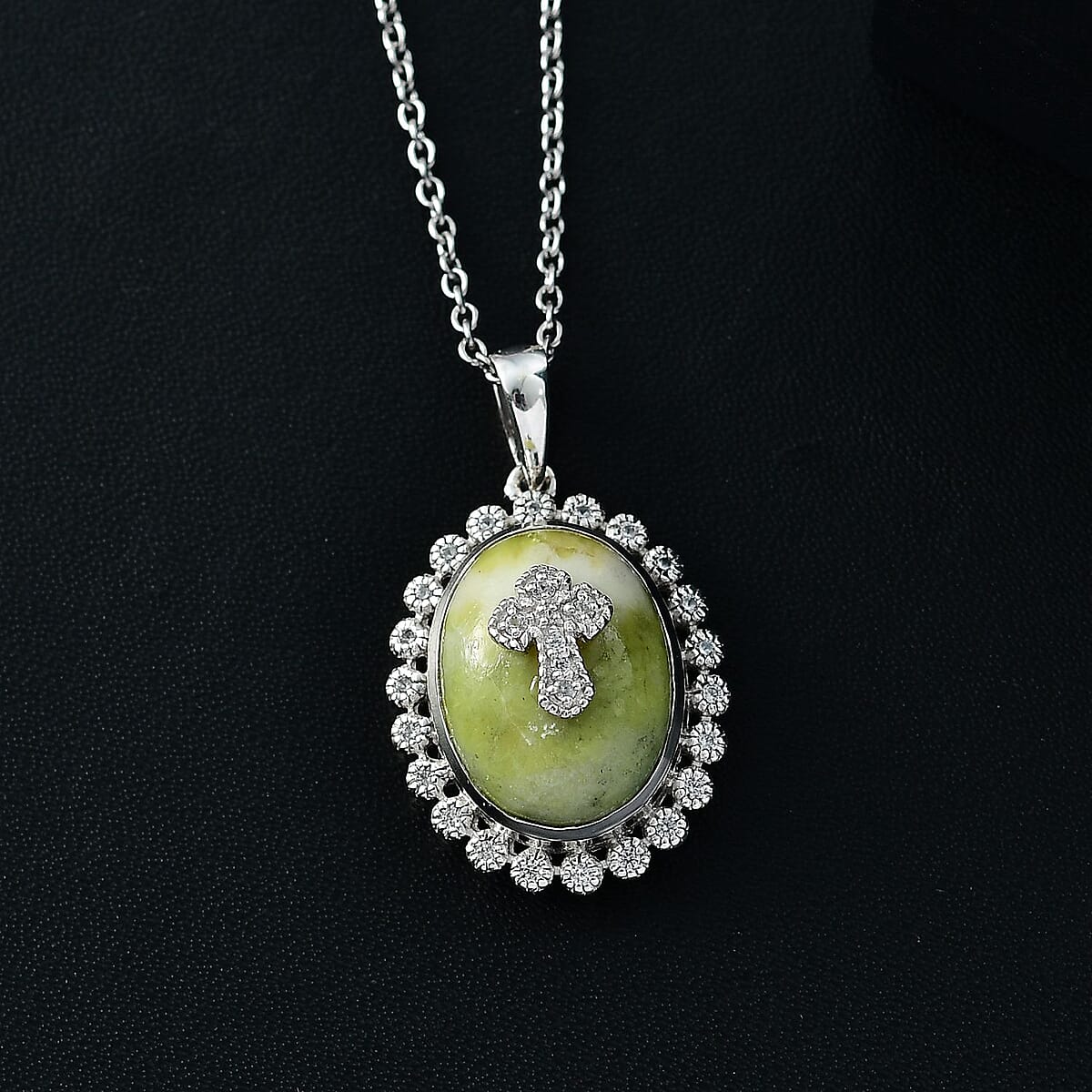 Connemara Marble and White Zircon 11.50 ctw Celtic Cross Pendant in Platinum Over Sterling Silver with Stainless Steel Necklace 20 Inches image number 1